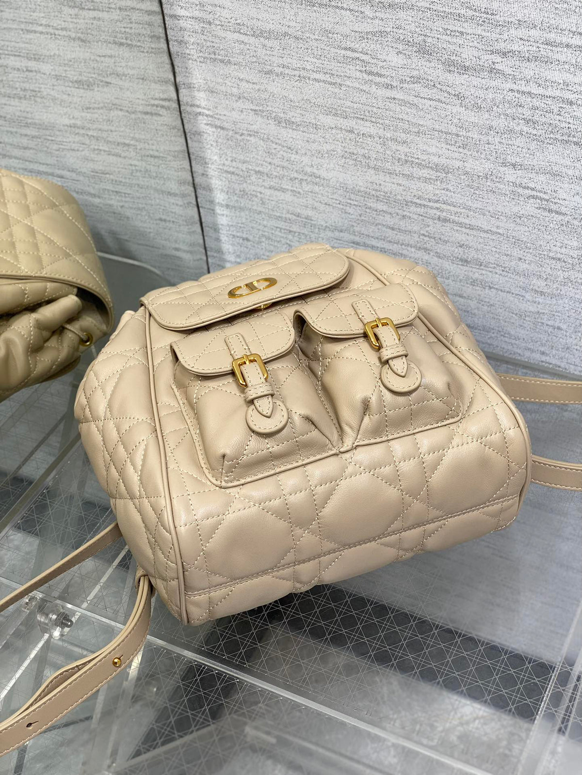 Dior Small 23 Caro Backpack in Almond Beige Macrocannage Lambskin