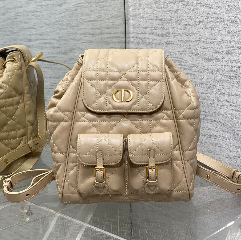 Dior Small 23 Caro Backpack in Almond Beige Macrocannage Lambskin