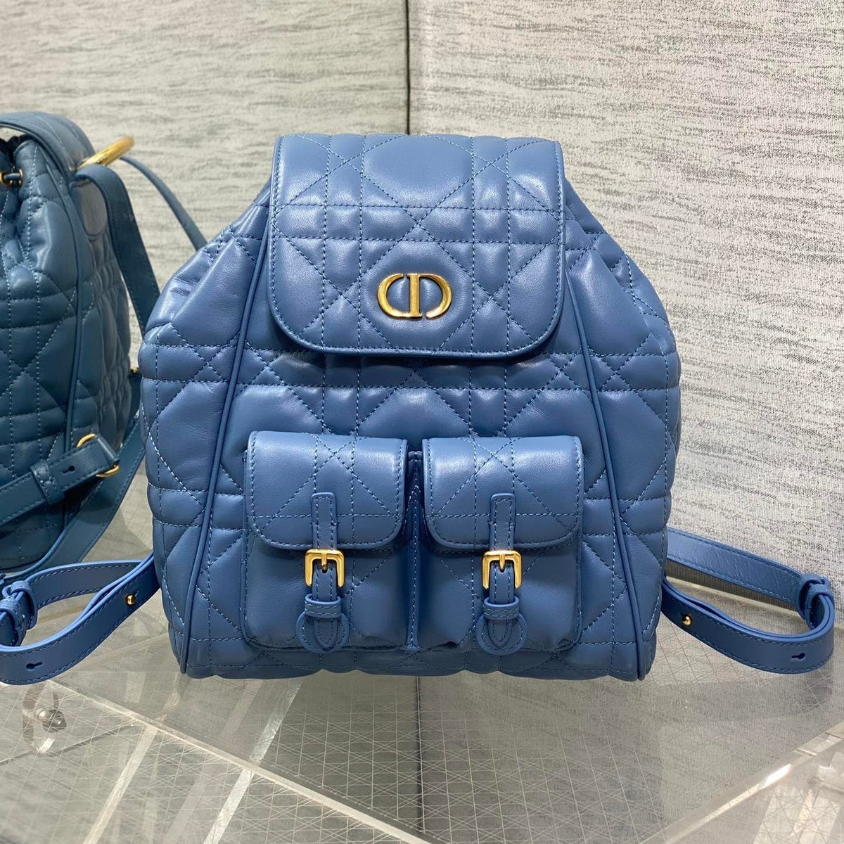 Dior Small 20 Caro Backpack in Royal Blue Macrocannage Lambskin