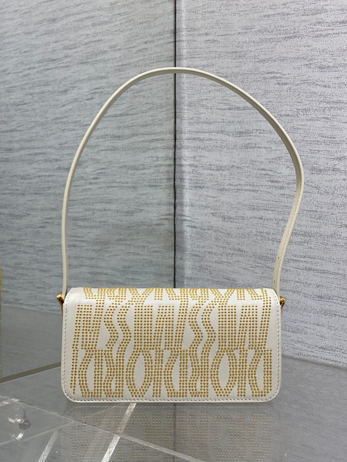 Dior Mini 18 Flap Bag in White Lambskin with Gold Rhinstones