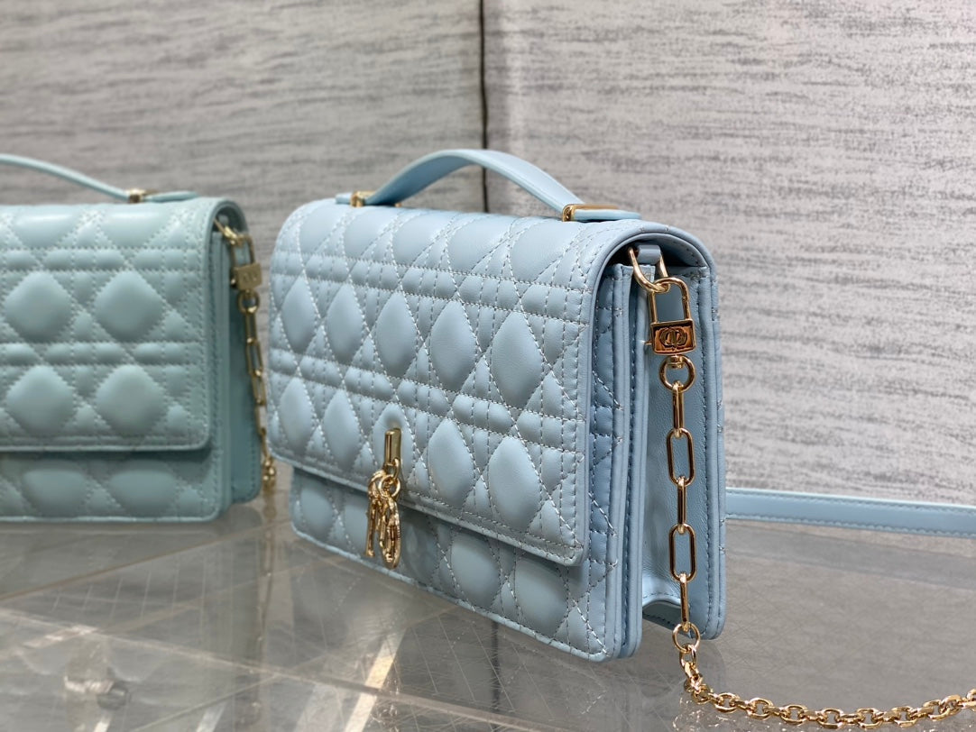 Dior Mini Bag 24 in Light Blue Patent Cannage Calfskin