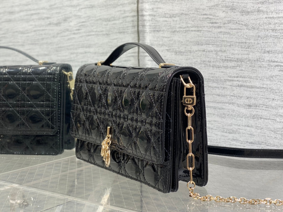 Dior Mini Bag 24 in Black Patent Cannage Calfskin