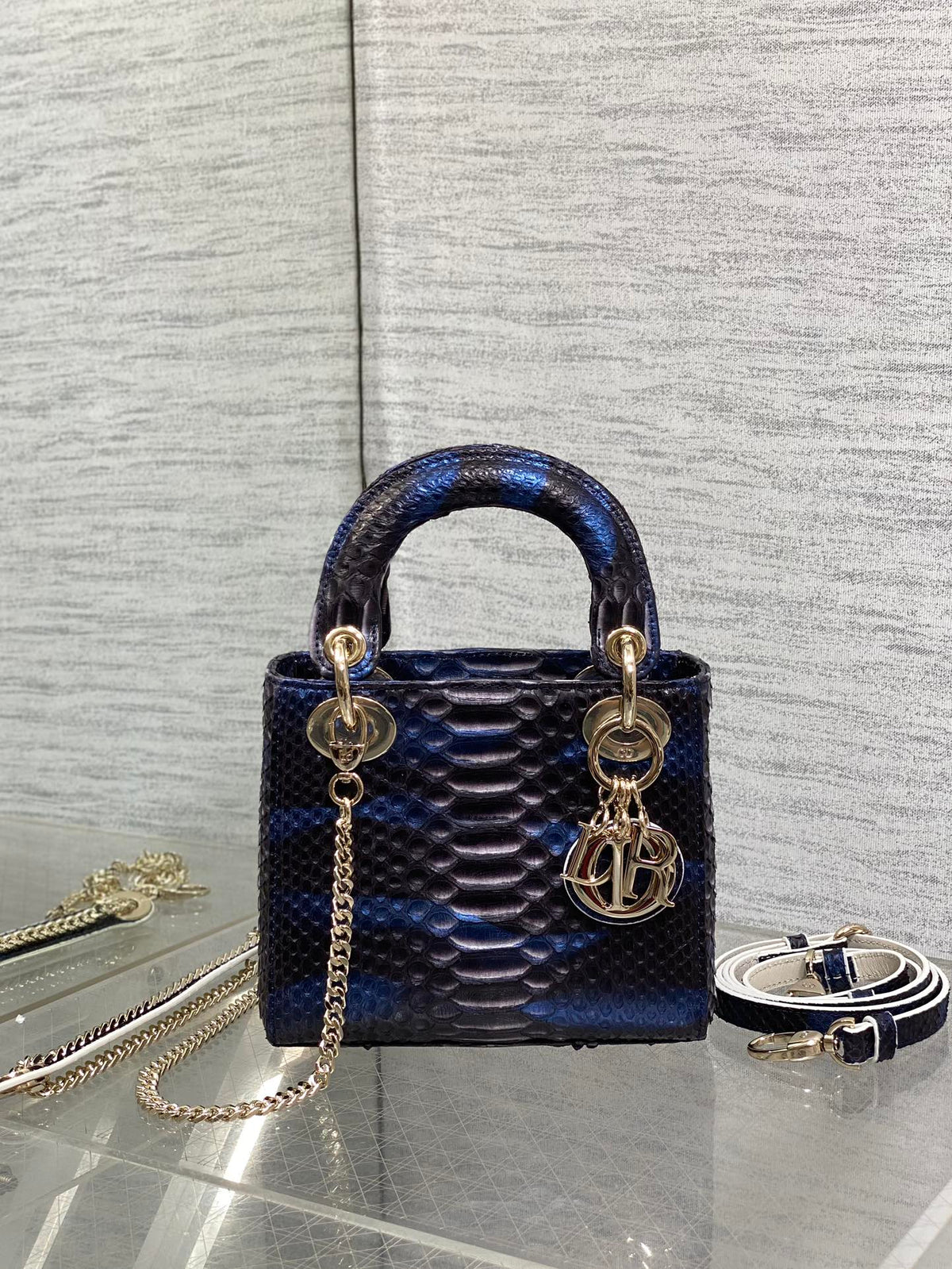 Dior Mini 17 Lady Bag in Navy Blue Mix Black Snakeskin Pattern Lambskin