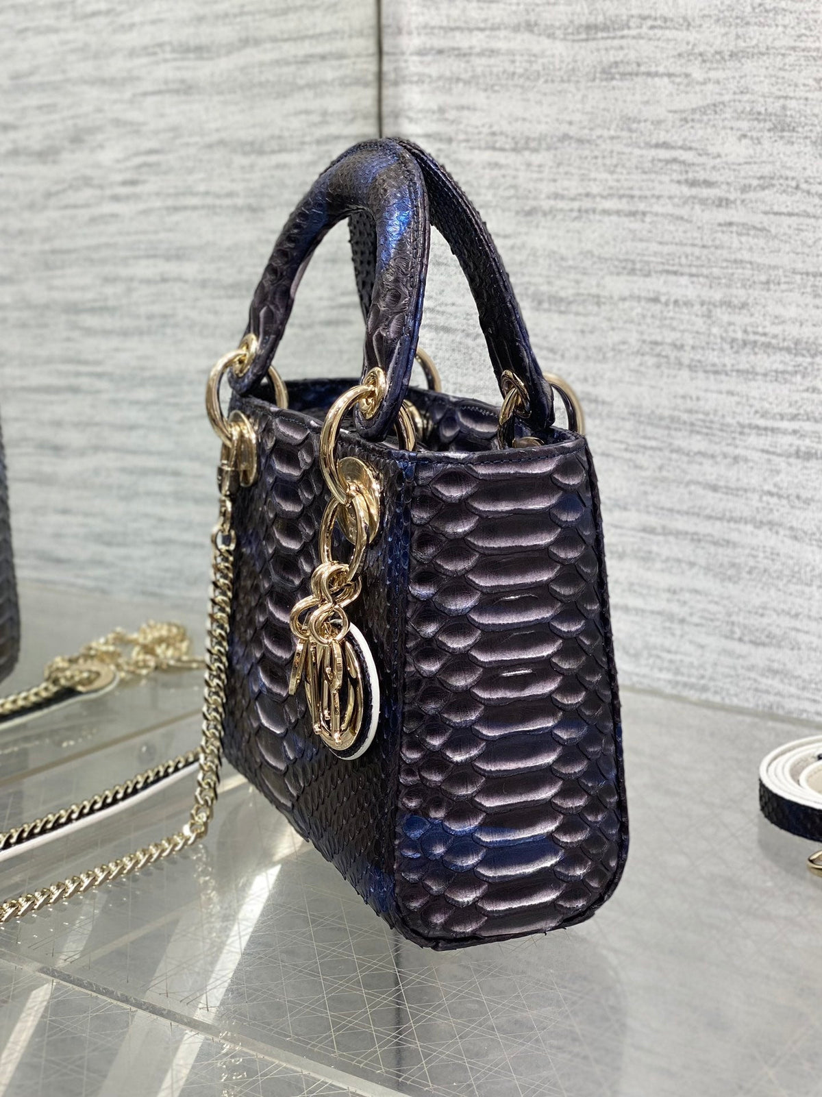 Dior Mini 17 Lady Bag in Navy Blue Mix Black Snakeskin Pattern Lambskin