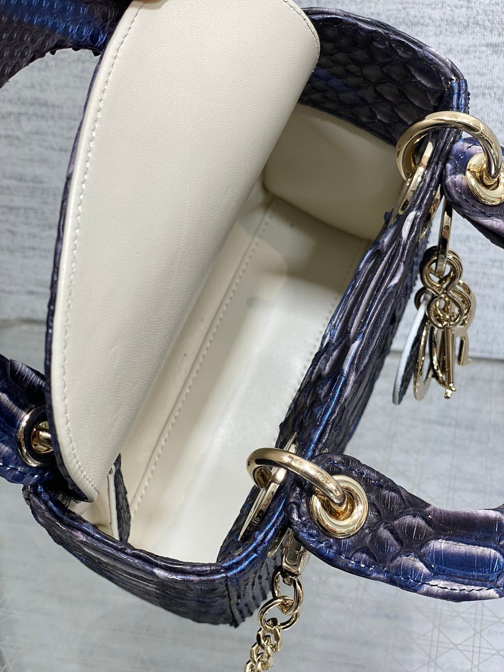 Dior Mini 17 Lady Bag in Navy Blue Mix Black Snakeskin Pattern Lambskin