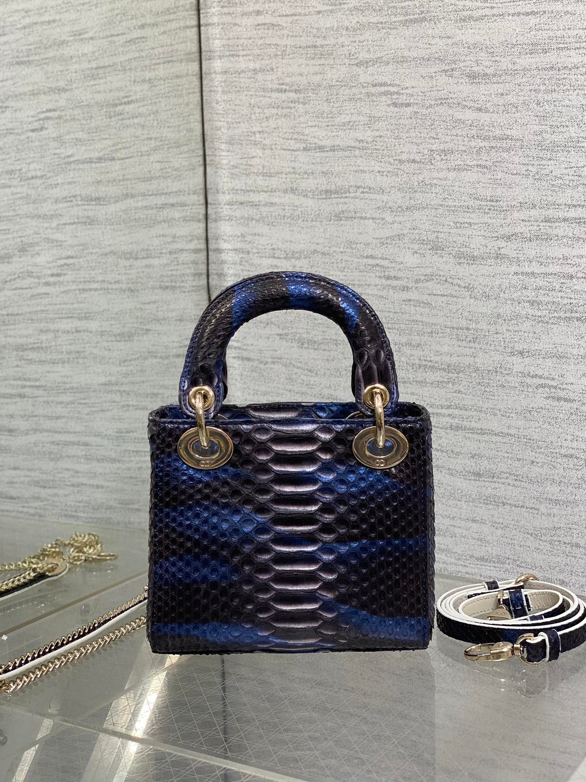 Dior Mini 17 Lady Bag in Navy Blue Mix Black Snakeskin Pattern Lambskin