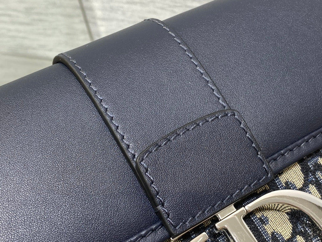 Dior Montaigne East-West 25 Bag with Chain in Navy Blue Lambskin and Monogram Jacquard