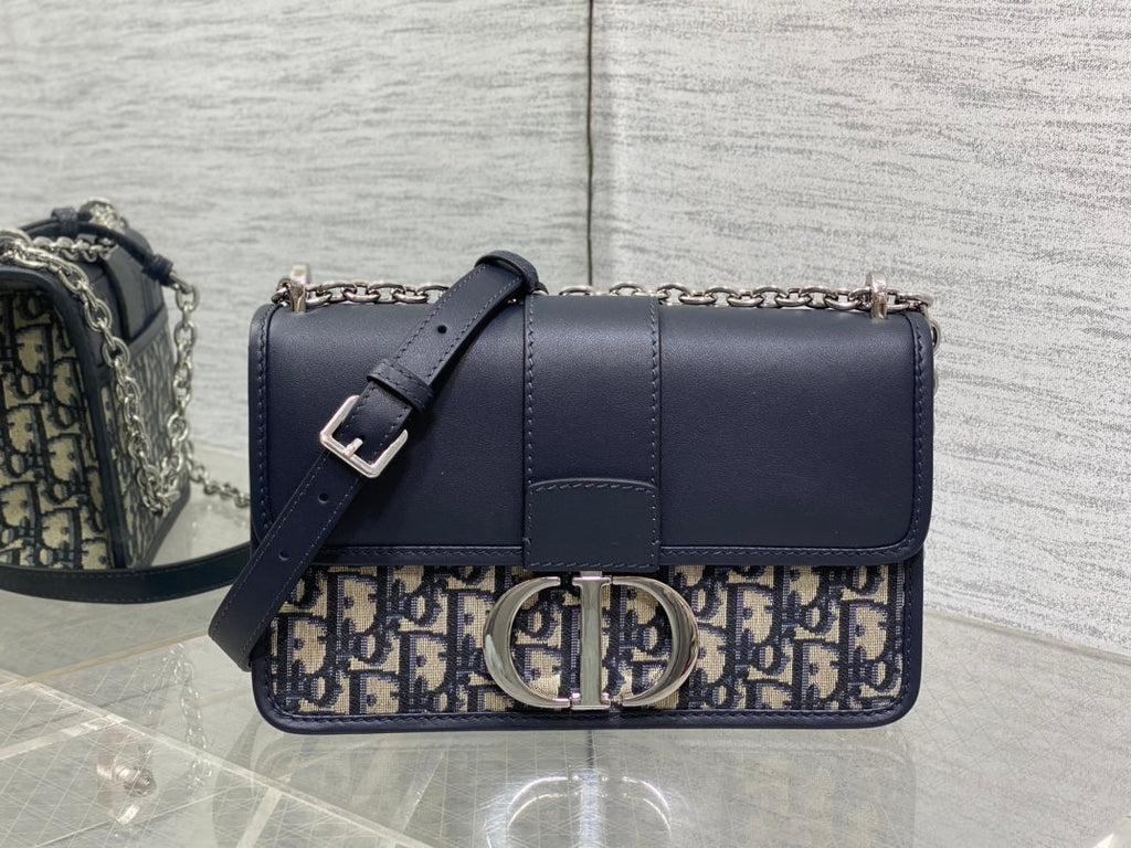 Dior Montaigne East-West 25 Bag with Chain in Navy Blue Lambskin and Monogram Jacquard