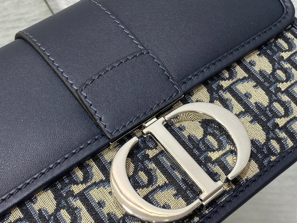 Dior Montaigne East-West 25 Bag with Chain in Navy Blue Lambskin and Monogram Jacquard