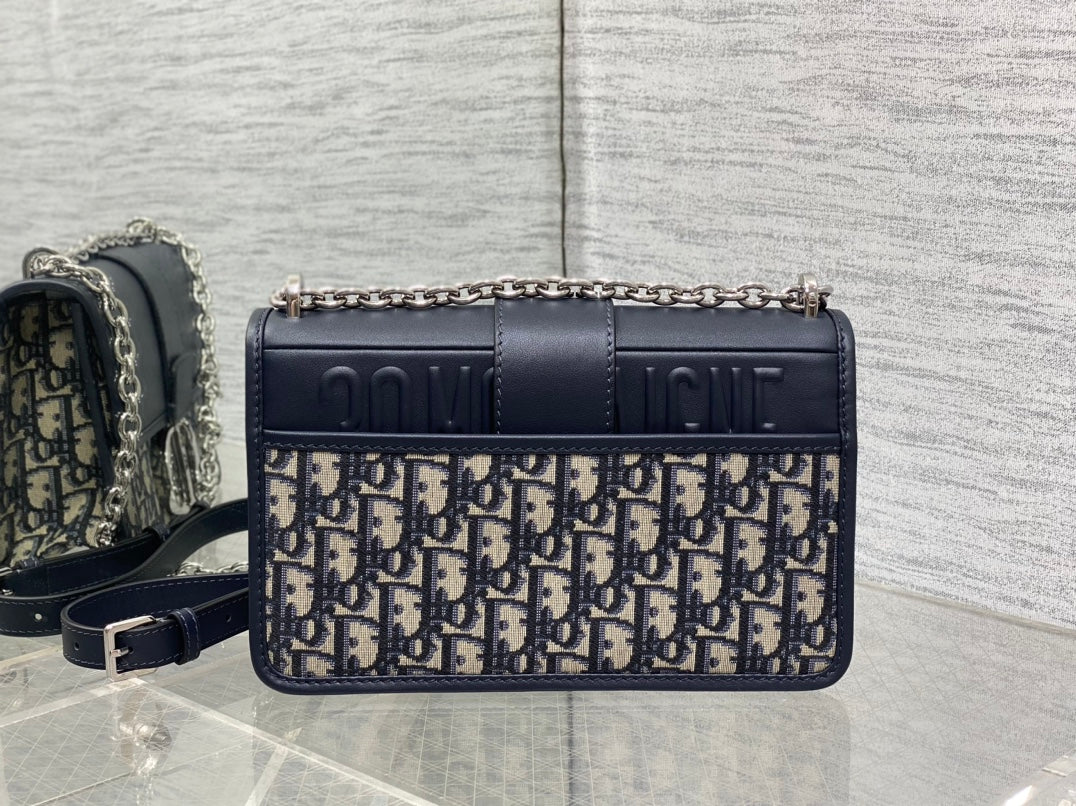 Dior Montaigne East-West 25 Bag with Chain in Navy Blue Lambskin and Monogram Jacquard