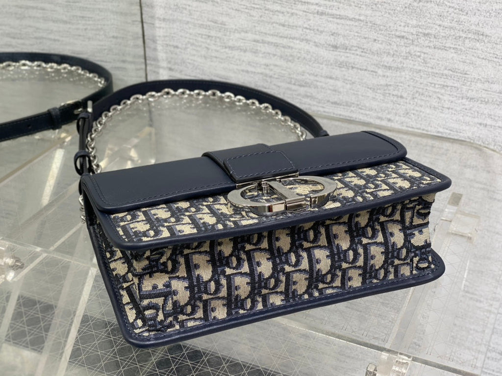 Dior Montaigne East-West 25 Bag with Chain in Navy Blue Lambskin and Monogram Jacquard