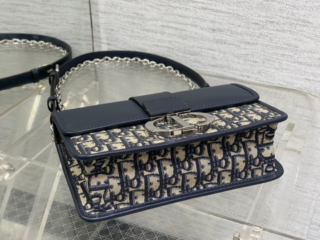 Dior Montaigne East-West 25 Bag with Chain in Navy Blue Lambskin and Monogram Jacquard