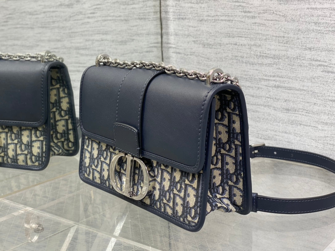 Dior Montaigne East-West 25 Bag with Chain in Navy Blue Lambskin and Monogram Jacquard