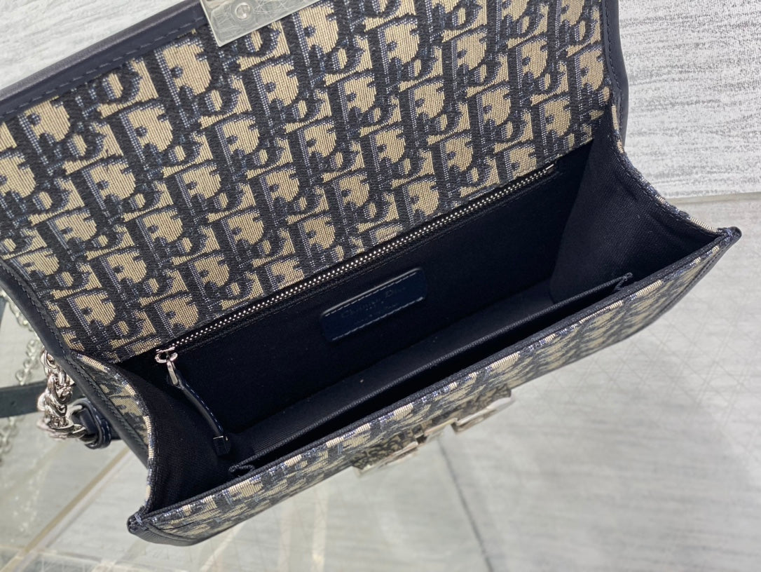 Dior Montaigne East-West 25 Bag with Chain in Navy Blue Lambskin and Monogram Jacquard