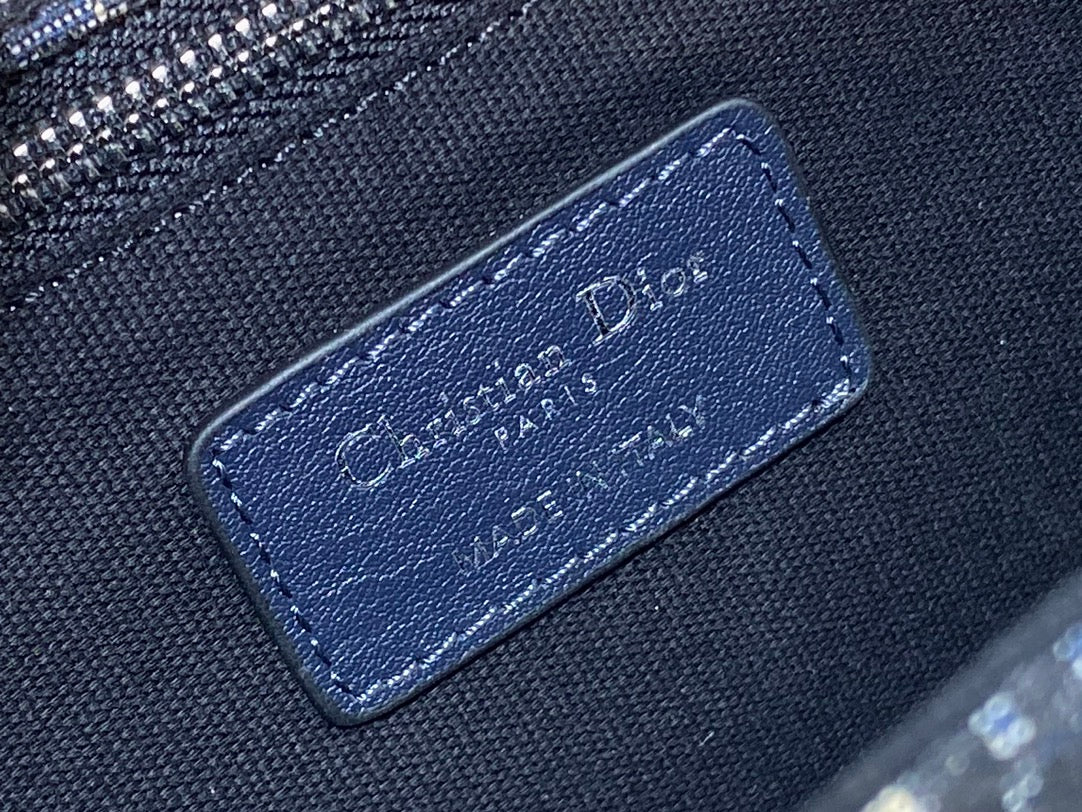 Dior Montaigne East-West 25 Bag with Chain in Navy Blue Lambskin and Monogram Jacquard