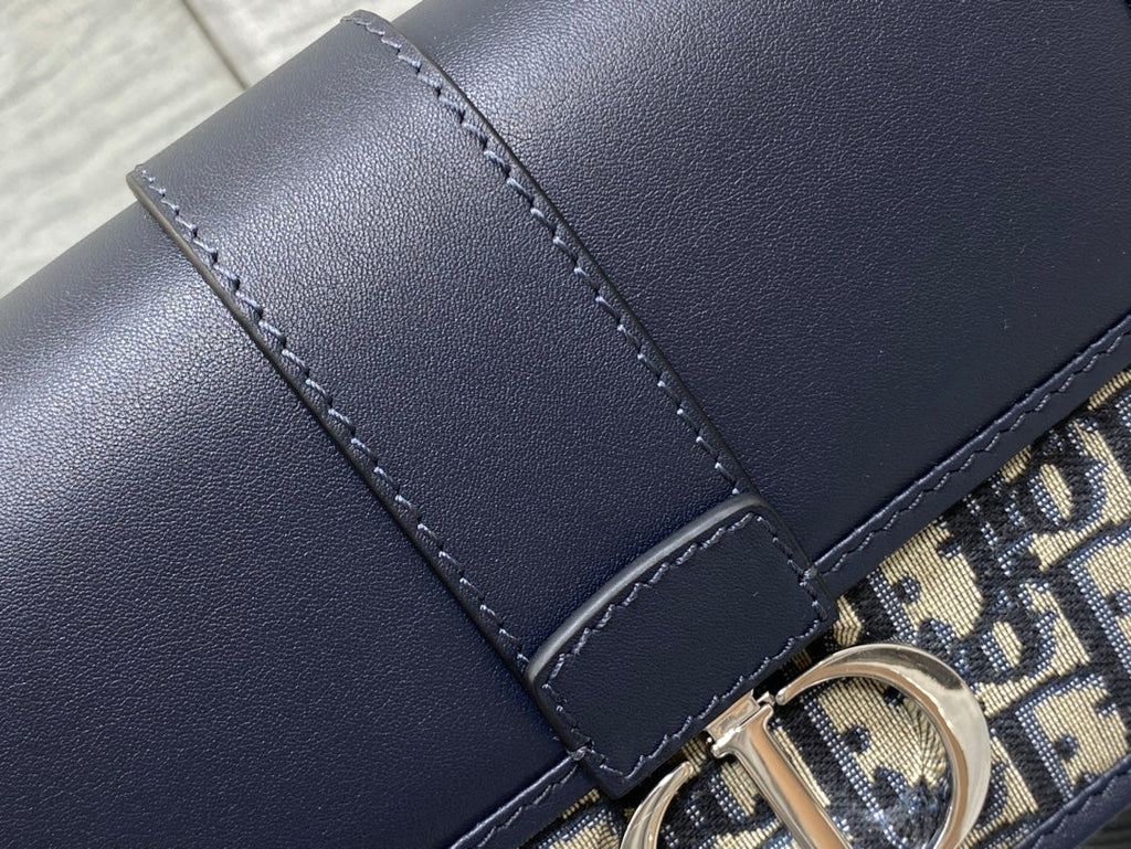 Dior Montaigne East-West 21 Bag with Chain in Navy Blue Lambskin and Monogram Jacquard