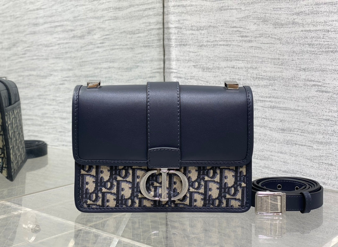 Dior Montaigne East-West 21 Bag with Chain in Navy Blue Lambskin and Monogram Jacquard