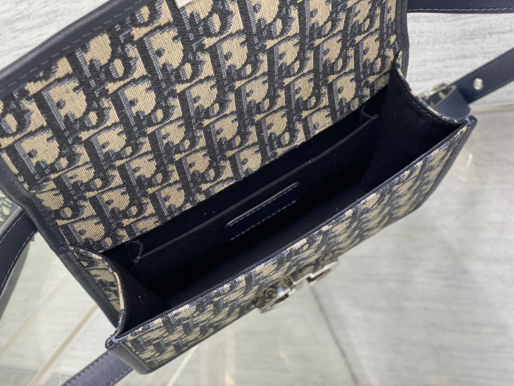 Dior Montaigne East-West 21 Bag with Chain in Navy Blue Lambskin and Monogram Jacquard