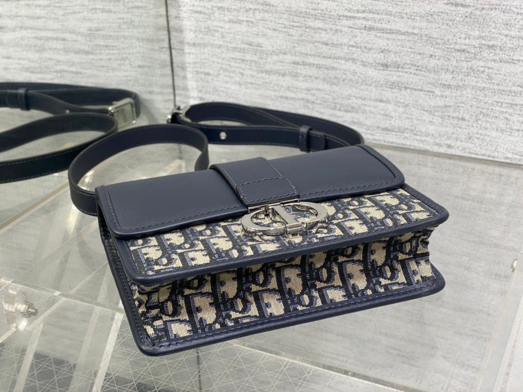 Dior Montaigne East-West 21 Bag with Chain in Navy Blue Lambskin and Monogram Jacquard