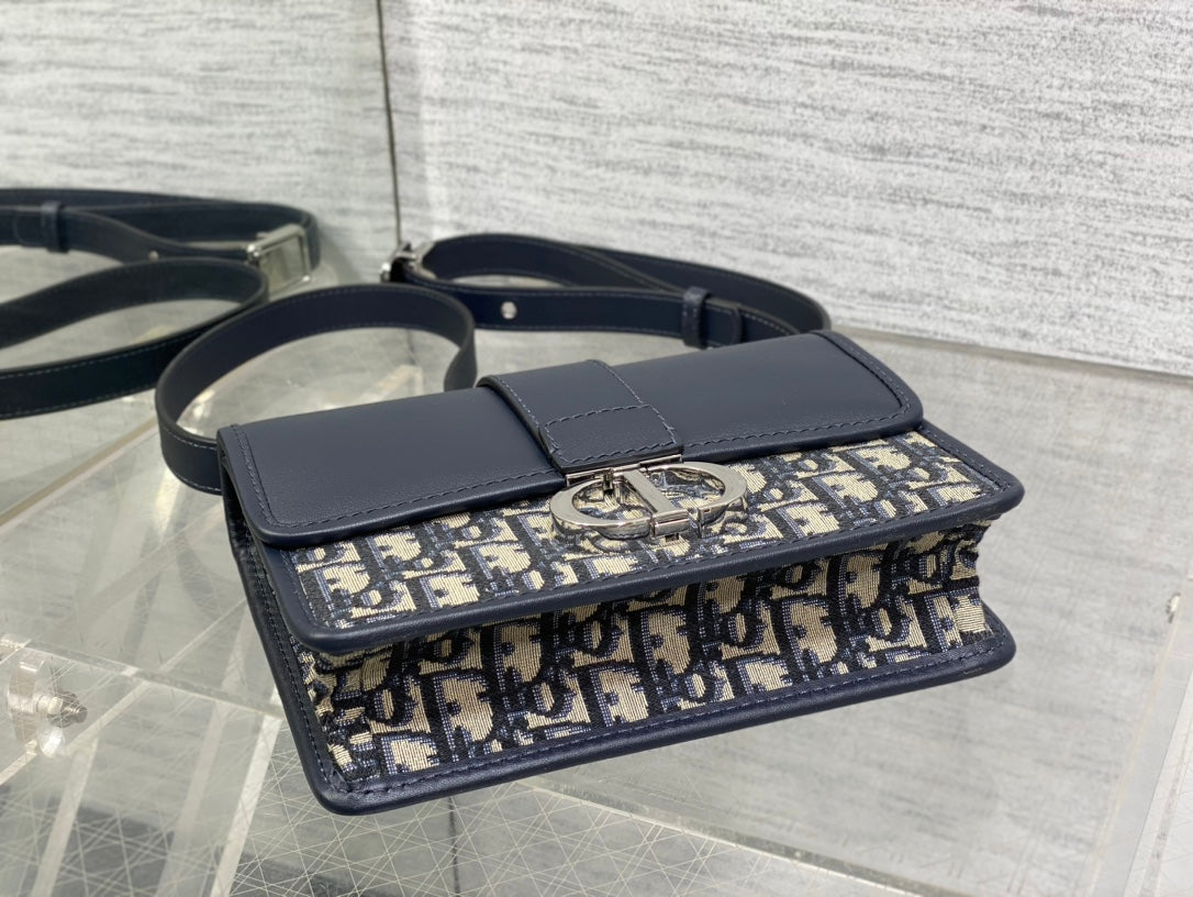 Dior Montaigne East-West 21 Bag with Chain in Navy Blue Lambskin and Monogram Jacquard