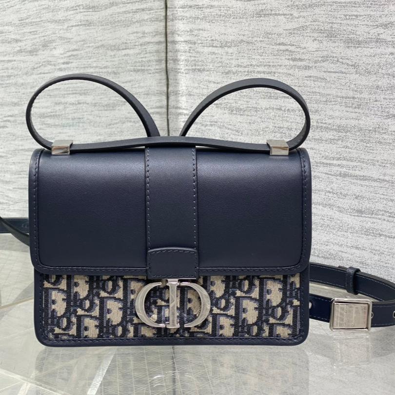 Dior Montaigne East-West 21 Bag with Chain in Navy Blue Lambskin and Monogram Jacquard