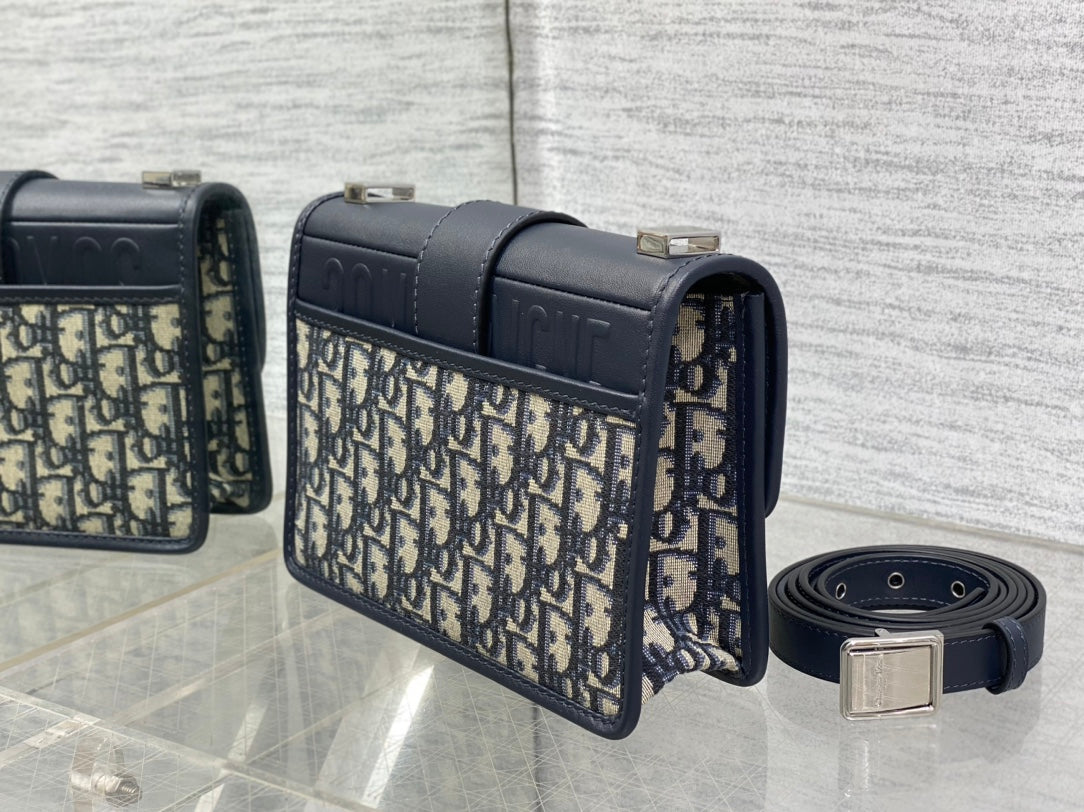 Dior Montaigne East-West 21 Bag with Chain in Navy Blue Lambskin and Monogram Jacquard