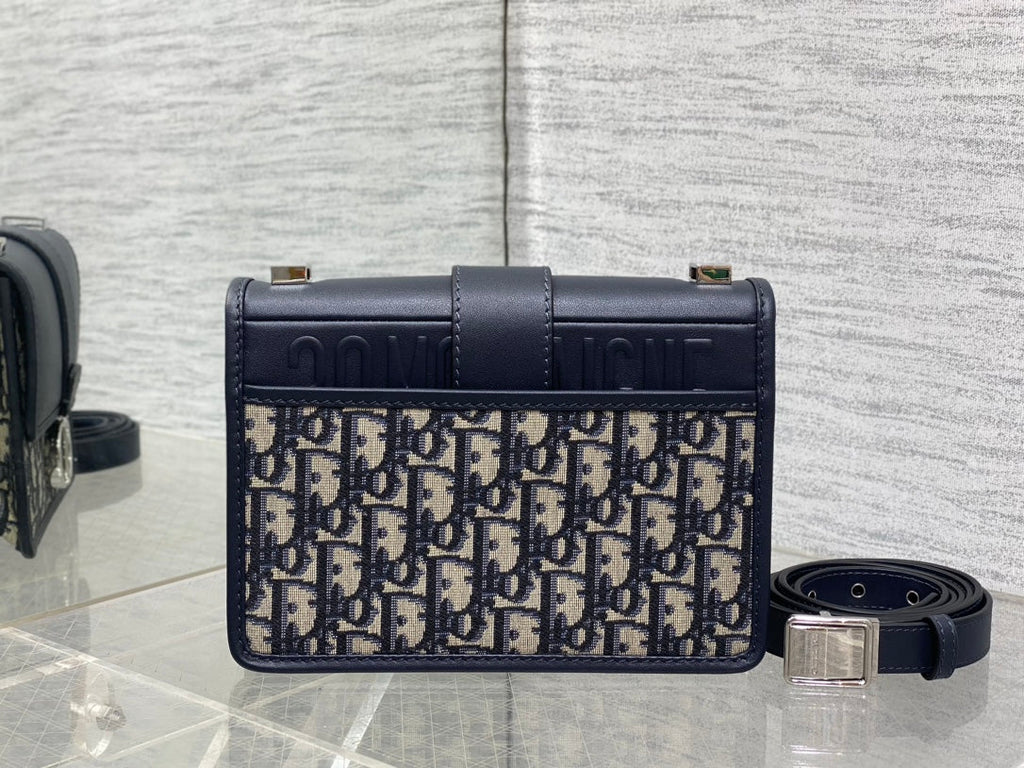 Dior Montaigne East-West 21 Bag with Chain in Navy Blue Lambskin and Monogram Jacquard