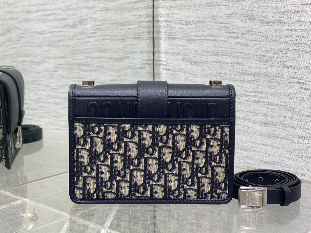 Dior Montaigne East-West 21 Bag with Chain in Navy Blue Lambskin and Monogram Jacquard