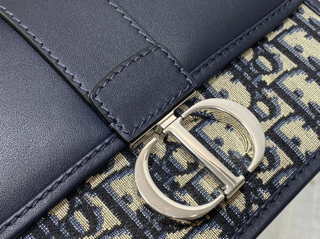 Dior Montaigne East-West 21 Bag with Chain in Navy Blue Lambskin and Monogram Jacquard