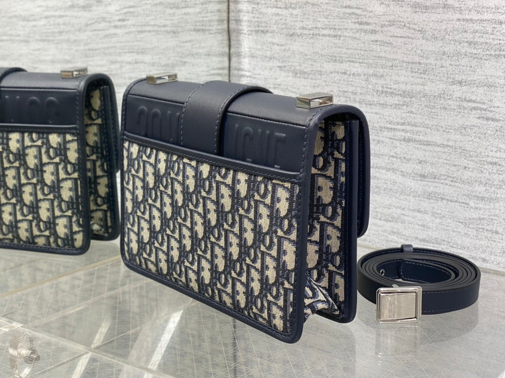Dior Montaigne East-West 24 Bag with Chain in Navy Blue Lambskin and Monogram Jacquard