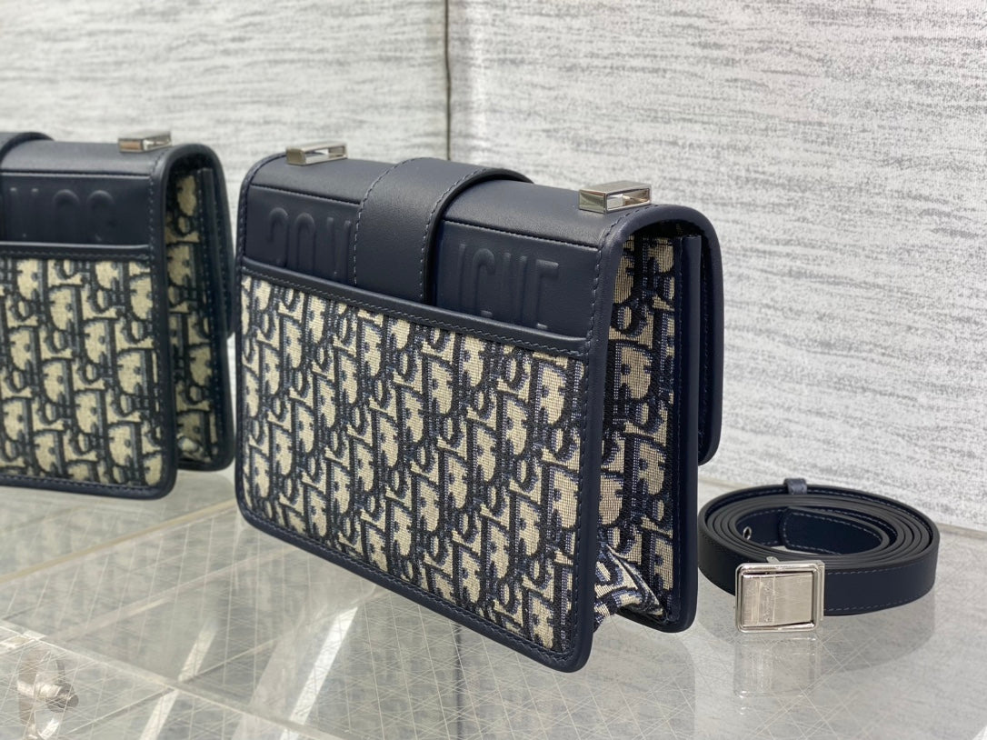 Dior Montaigne East-West 24 Bag with Chain in Navy Blue Lambskin and Monogram Jacquard
