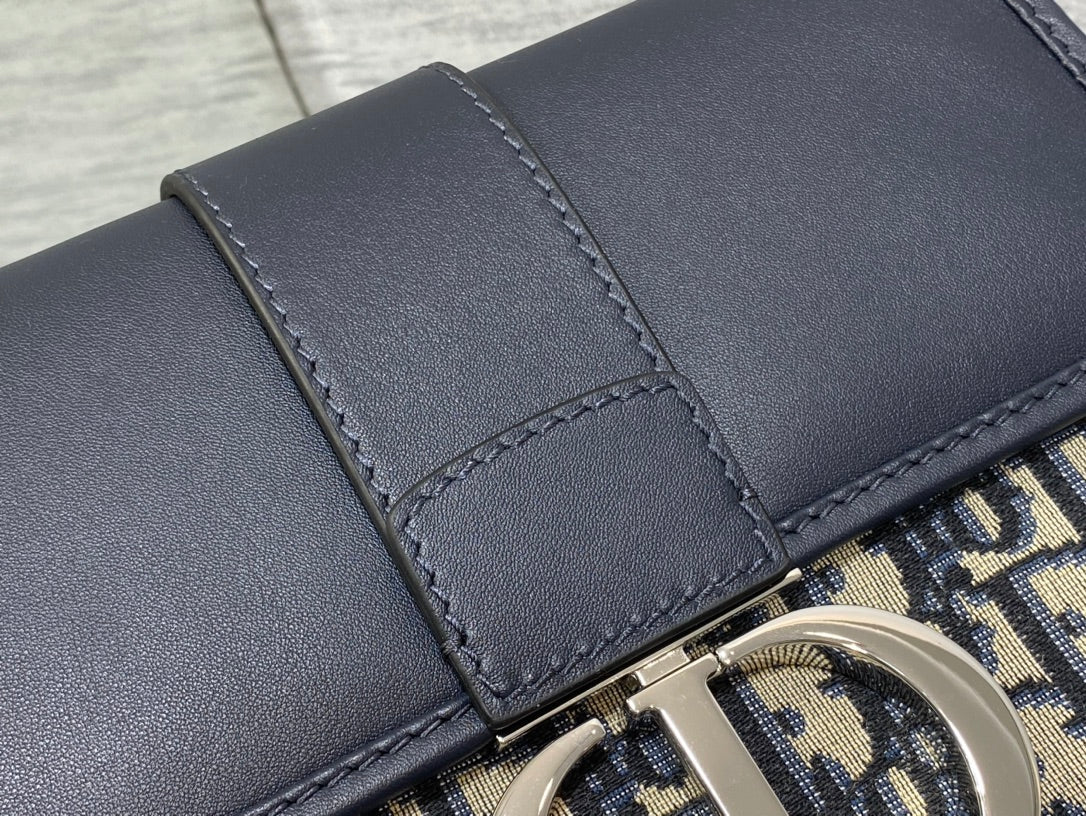 Dior Montaigne East-West 24 Bag with Chain in Navy Blue Lambskin and Monogram Jacquard