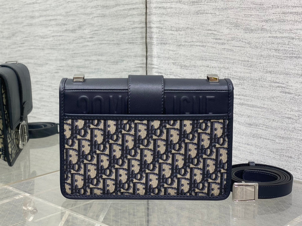 Dior Montaigne East-West 24 Bag with Chain in Navy Blue Lambskin and Monogram Jacquard