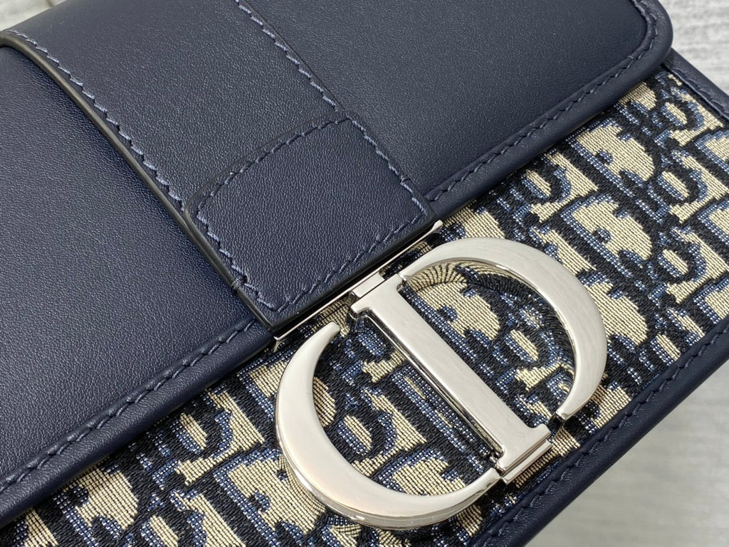 Dior Montaigne East-West 24 Bag with Chain in Navy Blue Lambskin and Monogram Jacquard
