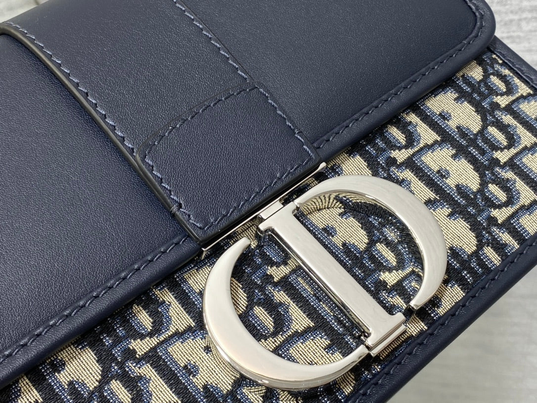 Dior Montaigne East-West 24 Bag with Chain in Navy Blue Lambskin and Monogram Jacquard