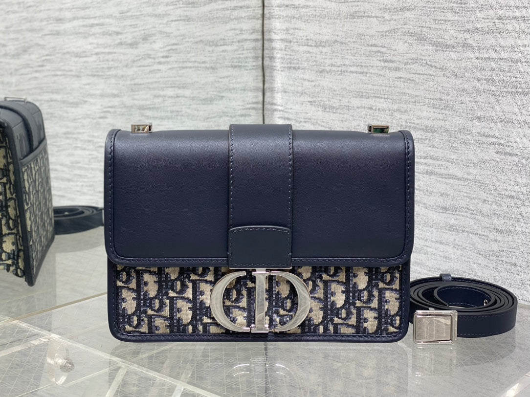 Dior Montaigne East-West 24 Bag with Chain in Navy Blue Lambskin and Monogram Jacquard