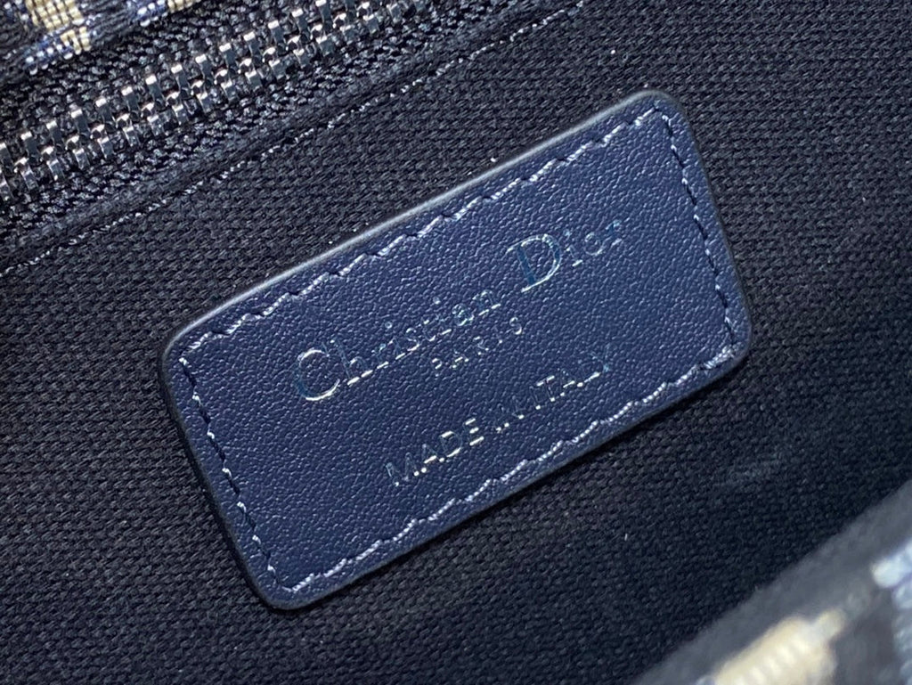 Dior Montaigne East-West 24 Bag with Chain in Navy Blue Lambskin and Monogram Jacquard