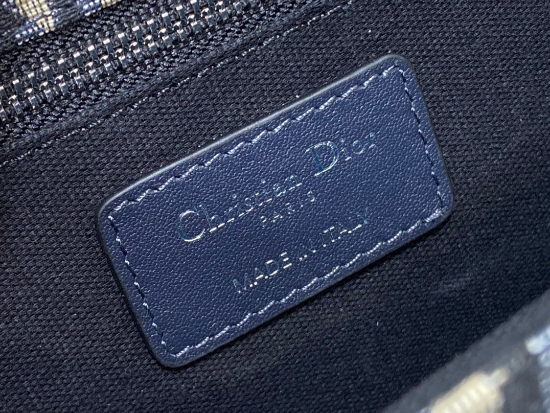 Dior Montaigne East-West 24 Bag with Chain in Navy Blue Lambskin and Monogram Jacquard