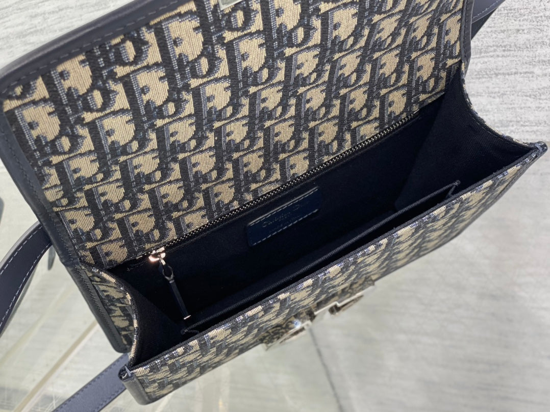 Dior Montaigne East-West 24 Bag with Chain in Navy Blue Lambskin and Monogram Jacquard