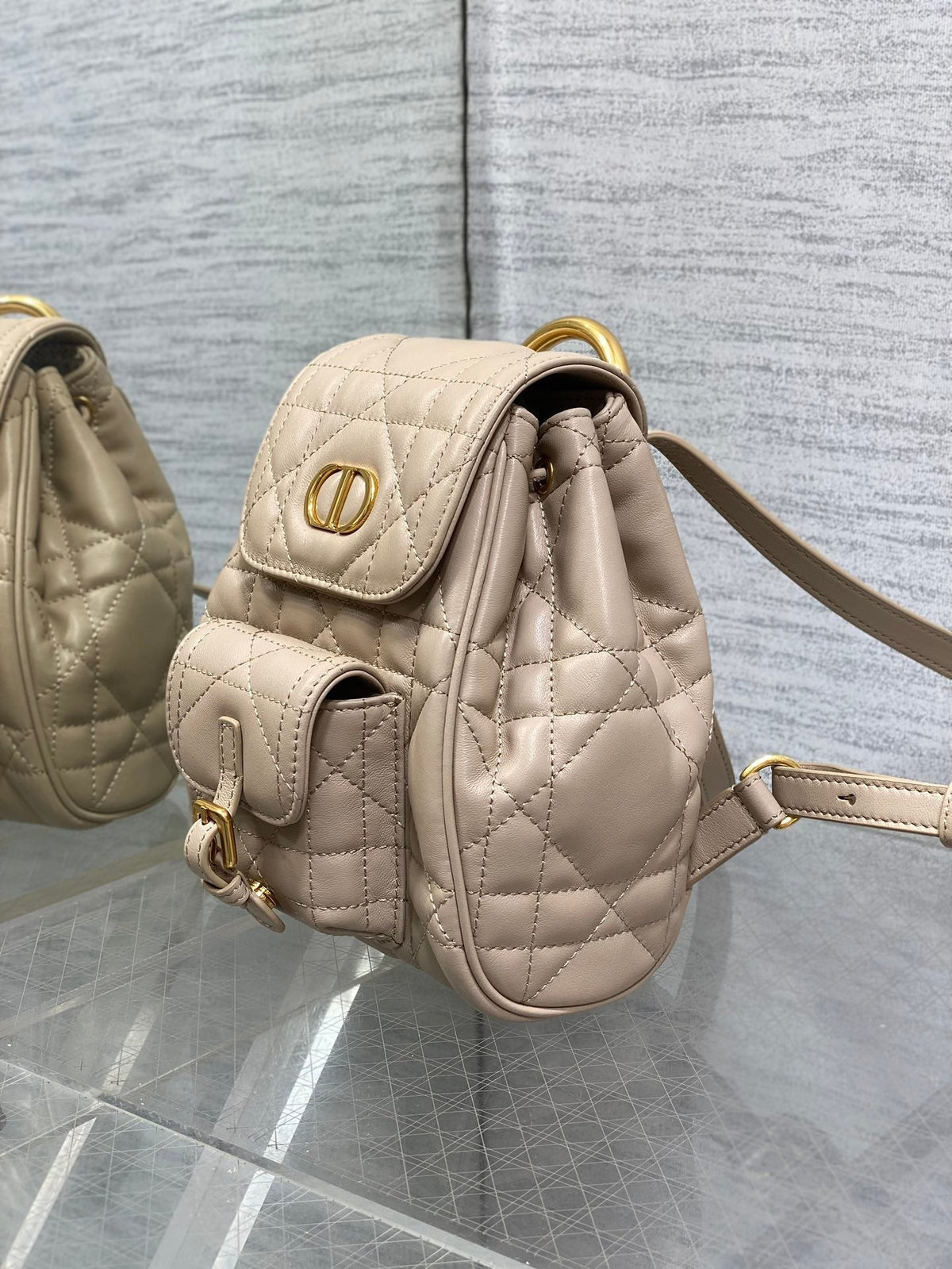 Dior Small 20 Caro Backpack in Almond Beige Macrocannage Lambskin