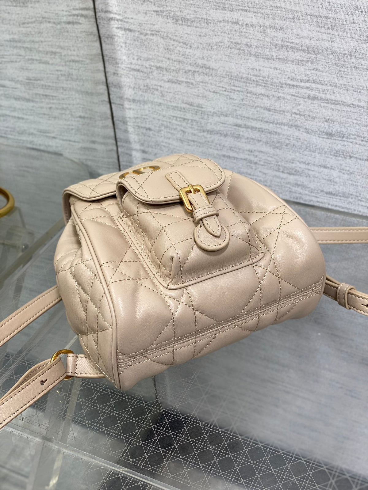 Dior Small 20 Caro Backpack in Almond Beige Macrocannage Lambskin
