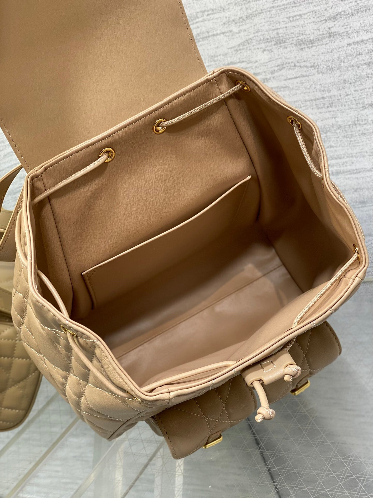 Dior Medium 25 Caro Backpack Almond Beige Macrocannage Lambskin