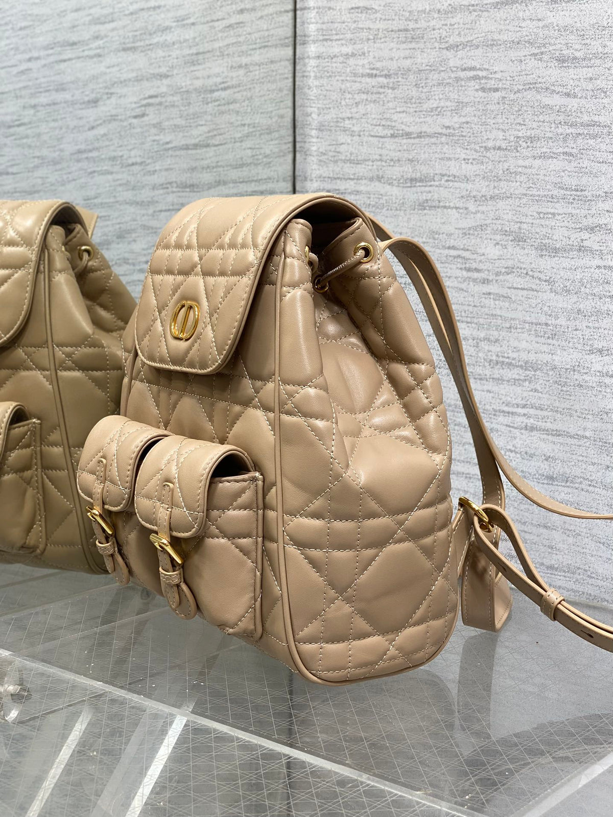 Dior Medium 25 Caro Backpack Almond Beige Macrocannage Lambskin