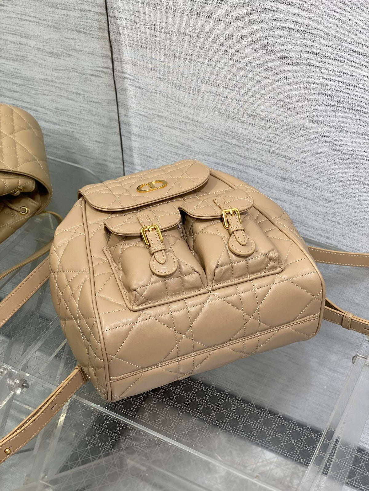 Dior Medium 25 Caro Backpack Almond Beige Macrocannage Lambskin