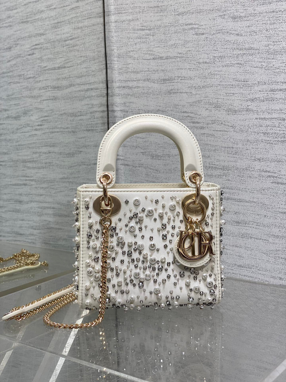 Dior Mini 17 Lady Bag in White Satin Embroidered with Beads 226310