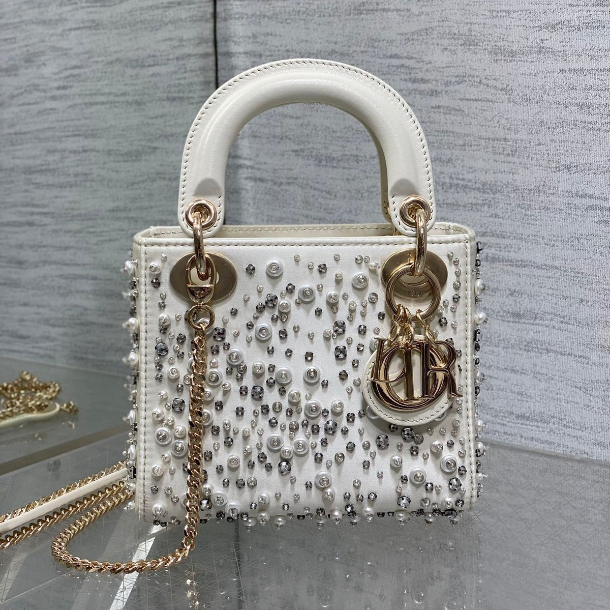 Dior Mini 17 Lady Bag in White Satin Embroidered with Beads 226310