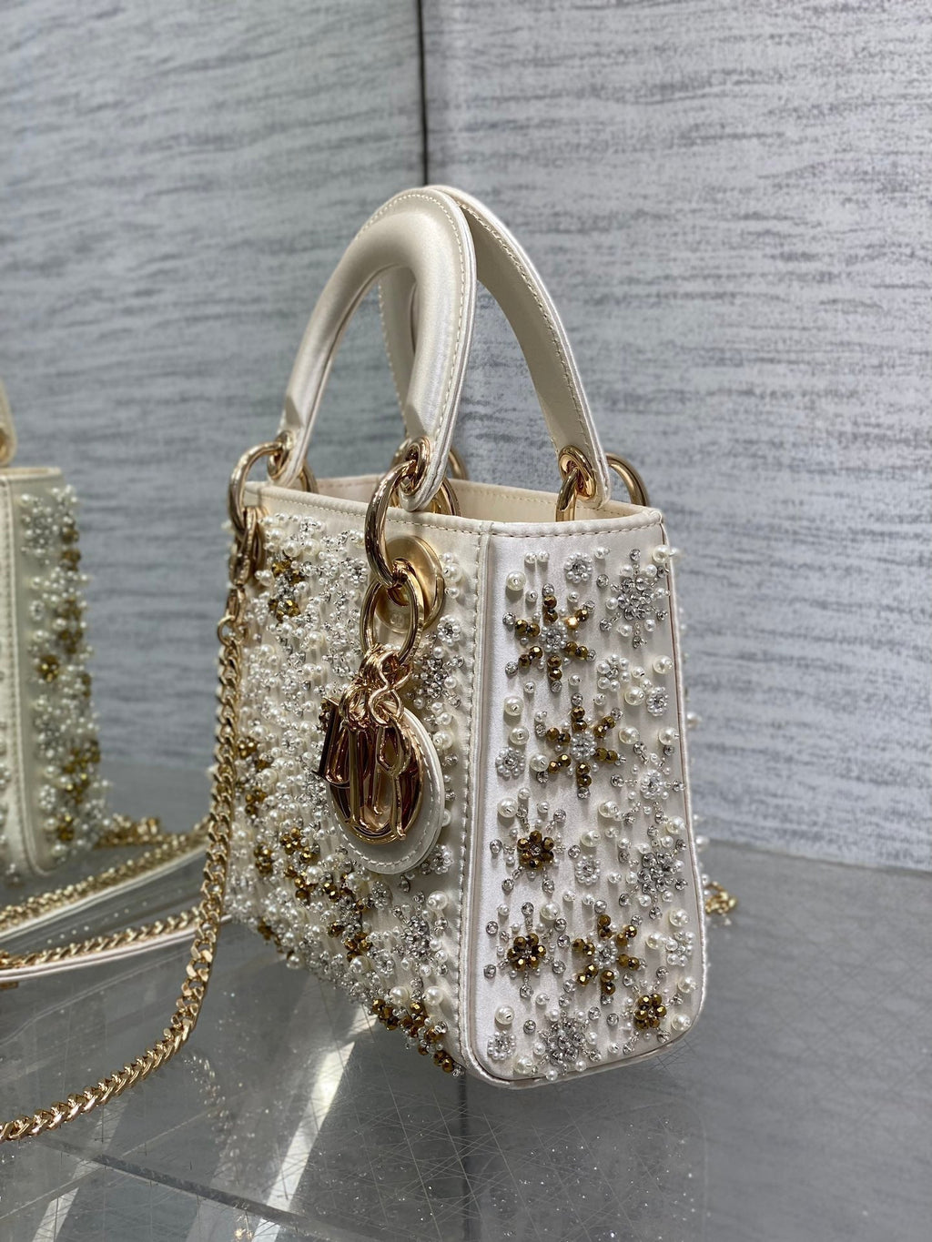 Dior Mini 17 Lady Bag in White Satin Embroidered with Beads