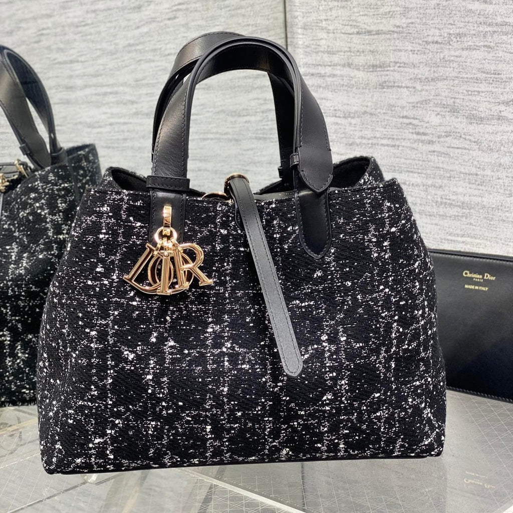 Dior Medium 28 Toujours Bag in Black Mix White Cannage Tweed with Gold Hardware