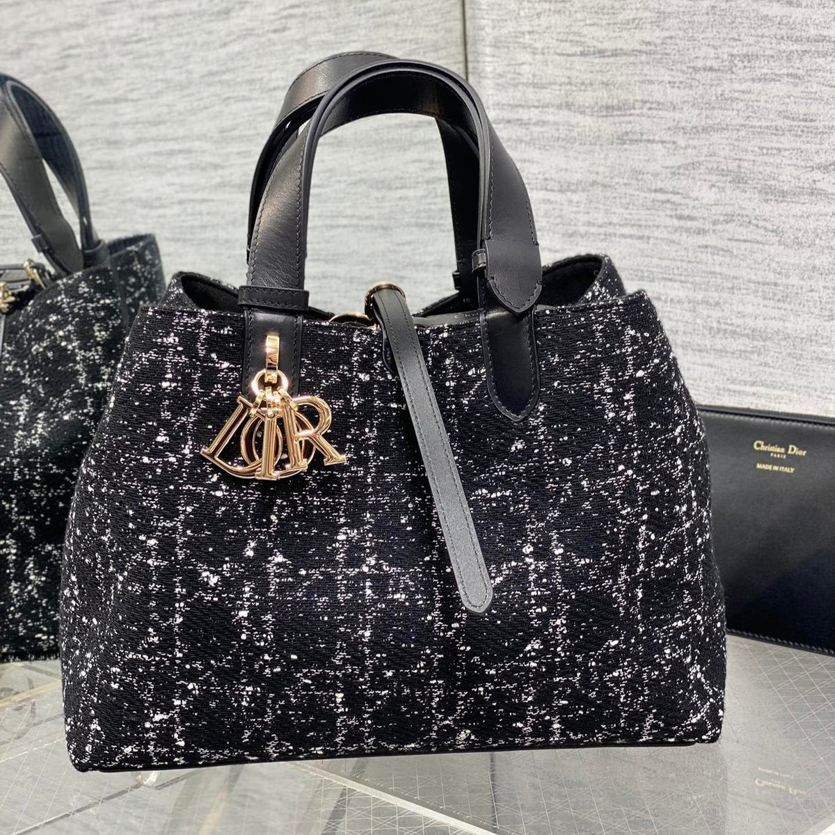 Dior Medium 28 Toujours Bag in Black Mix White Cannage Tweed with Gold Hardware
