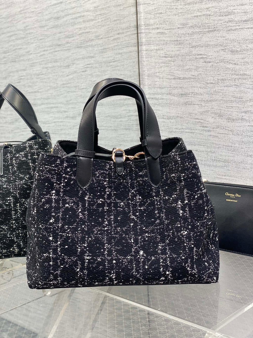 Dior Medium 28 Toujours Bag in Black Mix White Cannage Tweed with Gold Hardware